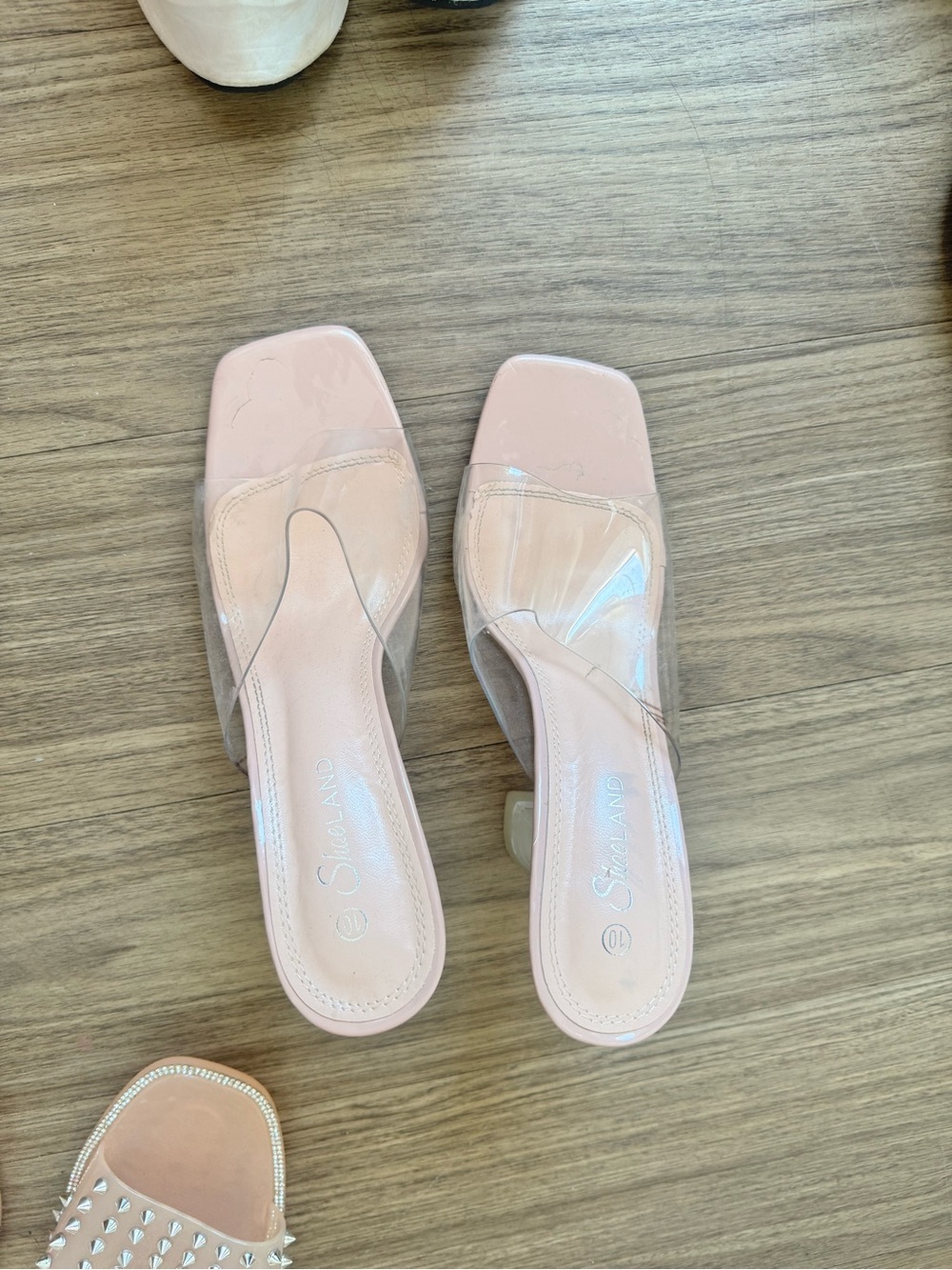glam Blush Pink Clear Strap Square Toe Slide Mules